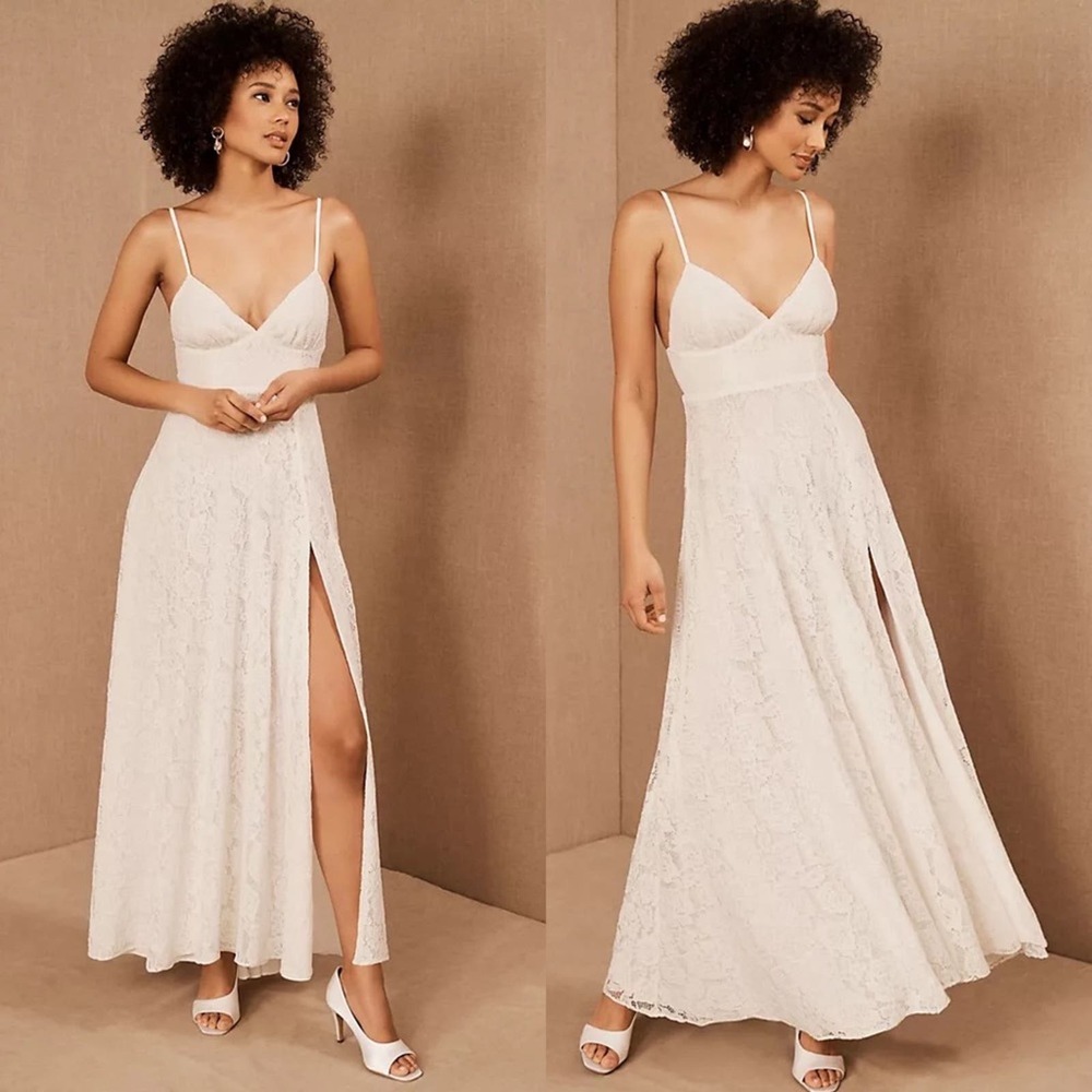 FAME AND PARTNERS Charlotte Dress Maxi Full Lace White V Neck Side Slit 0 NEW